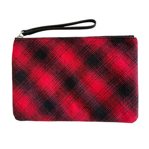 J.JILL Red Black Buffalo Plaid Wool Blend Leather Top Zip Clutch Wristlet Bag